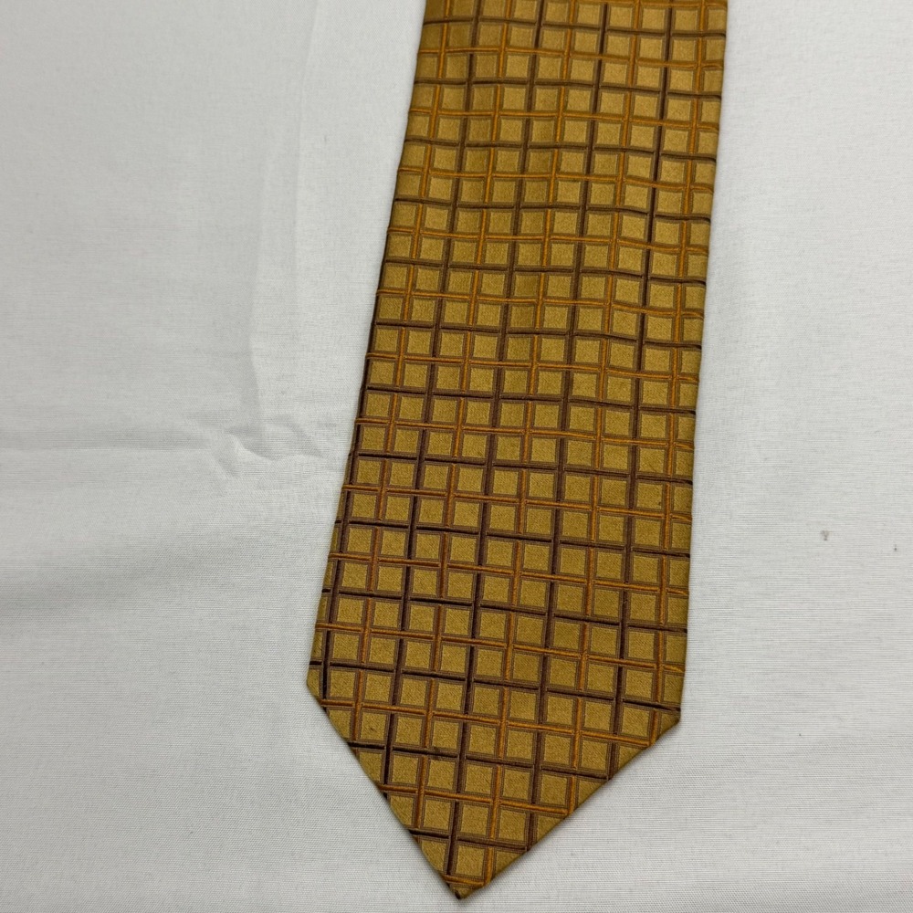 Ermenegildo Zegna Tie 58" x 3.5" Gold Brown Geometric Grid Silk Made in Italy